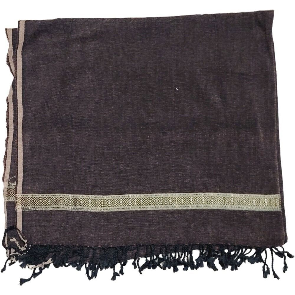 New Hand Wowen Chocolate Brown Fringed Shawl Throw With Gold Trim 49"‎ x 88"